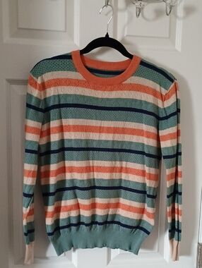 Striped Crewneck Sweater in Mint, Coral & Navy